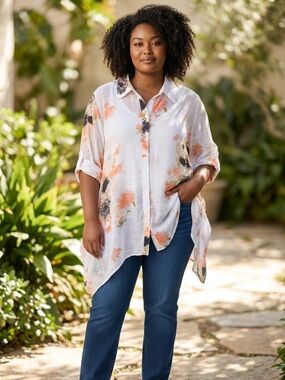 CREATION L White Floral Button-Front tunic  Orange & Black Print size large